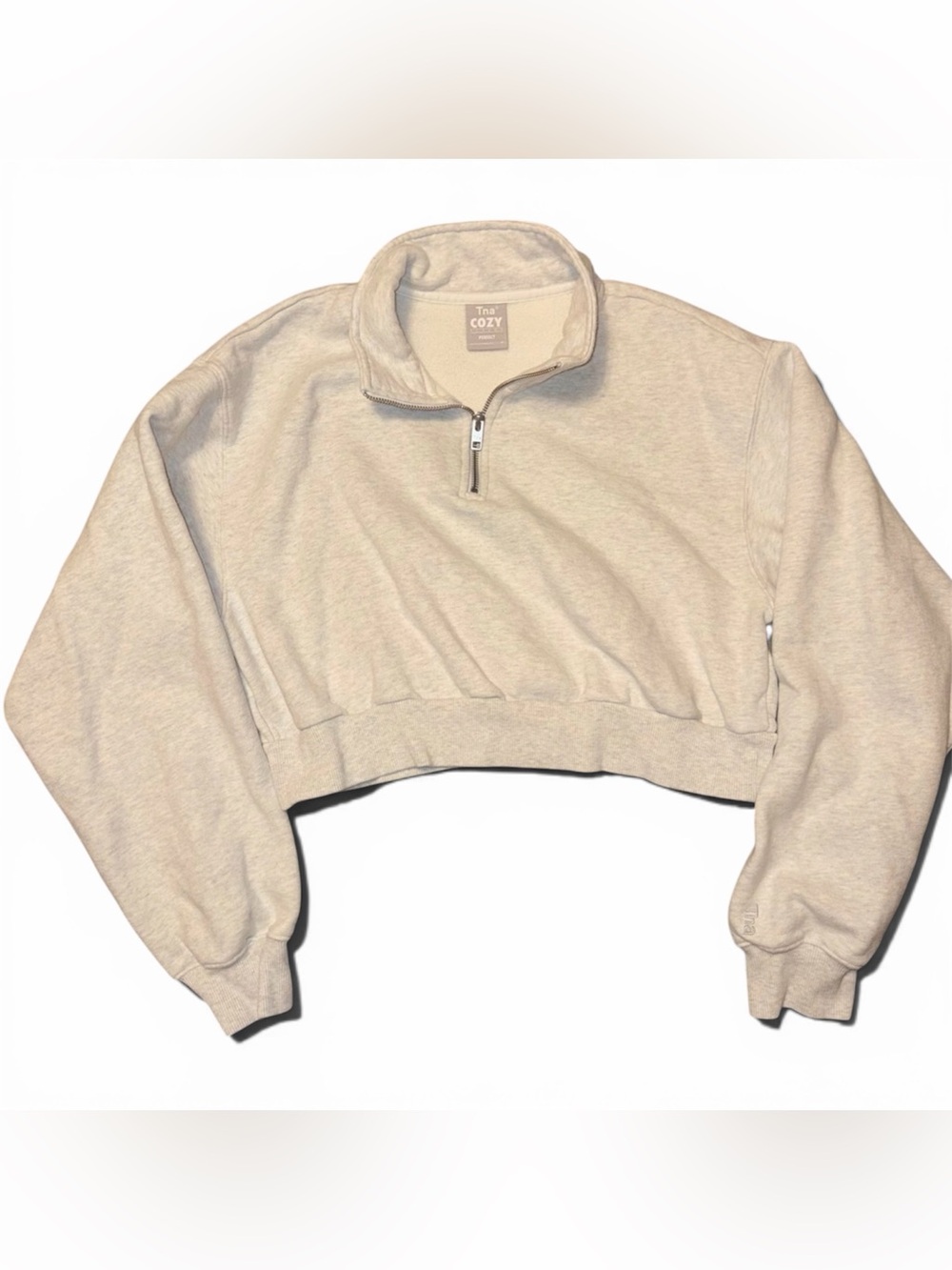 TNA Cozy Fleece Perfect Fit Half Zip Sweatshirt, Medium, White Light Gray, Crop